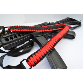 RED BLACK - Paracord Single Point Tactical Rifle Sling with compass, flint, whistle buckle. 